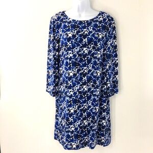 J Crew Mercantile Shift Dress Blue White Floral Watercolor 3/4 Sleeve Sz S